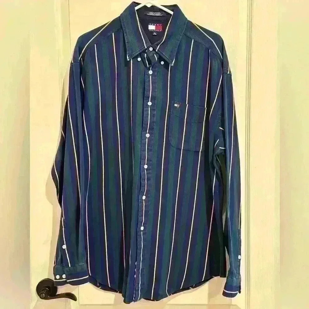 Vintage Tommy Hilfiger Vertical Stripe‎ Button Down Shirt Green White Yellow XL